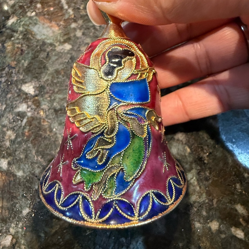 Vintage Cloisonné Enamel Bell Shaped Ornament Christmas Angel Trumpet Holy L